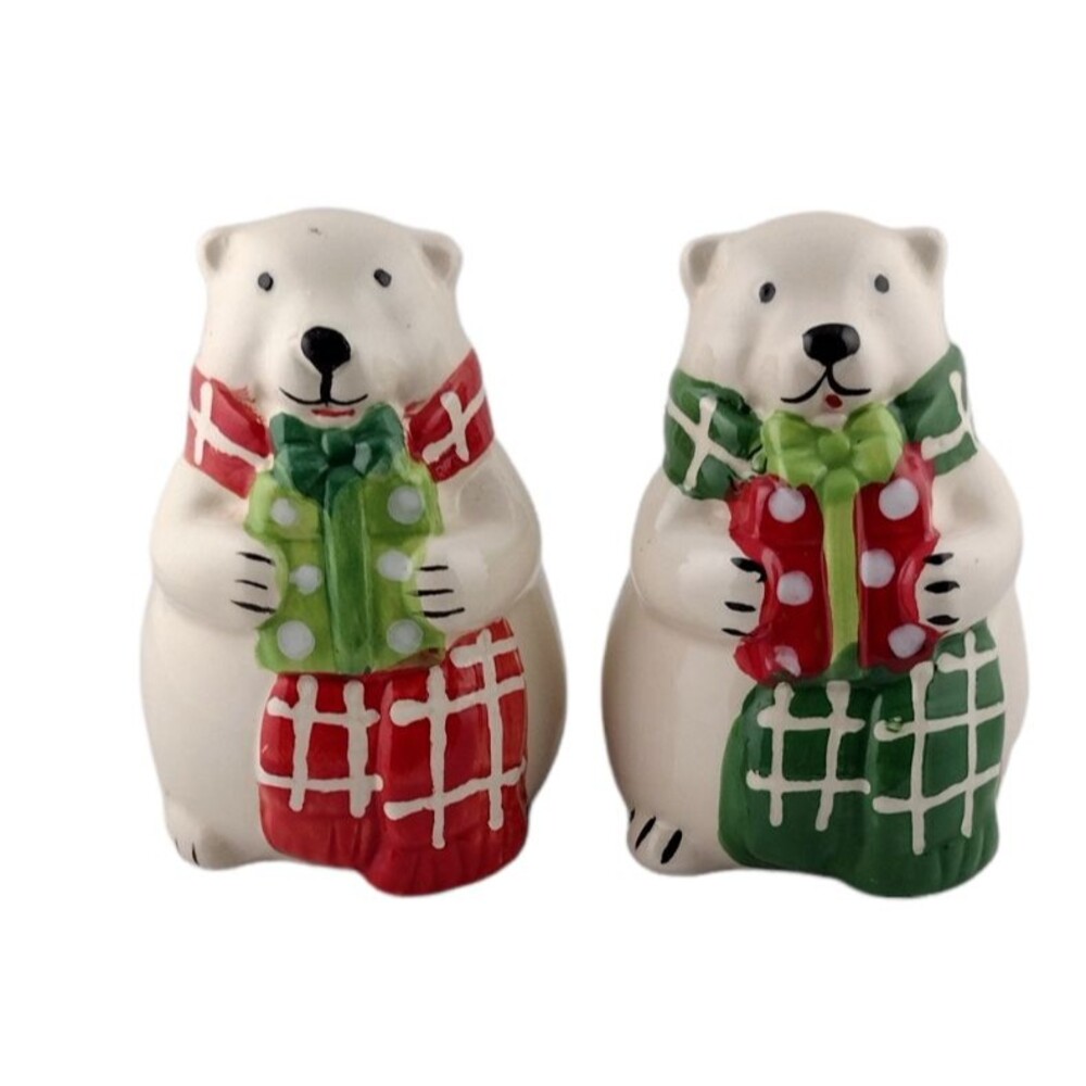 Vintage Polar Bear Salt Pepper Shaker Set Christmas Holiday Gifts Scarf  READ